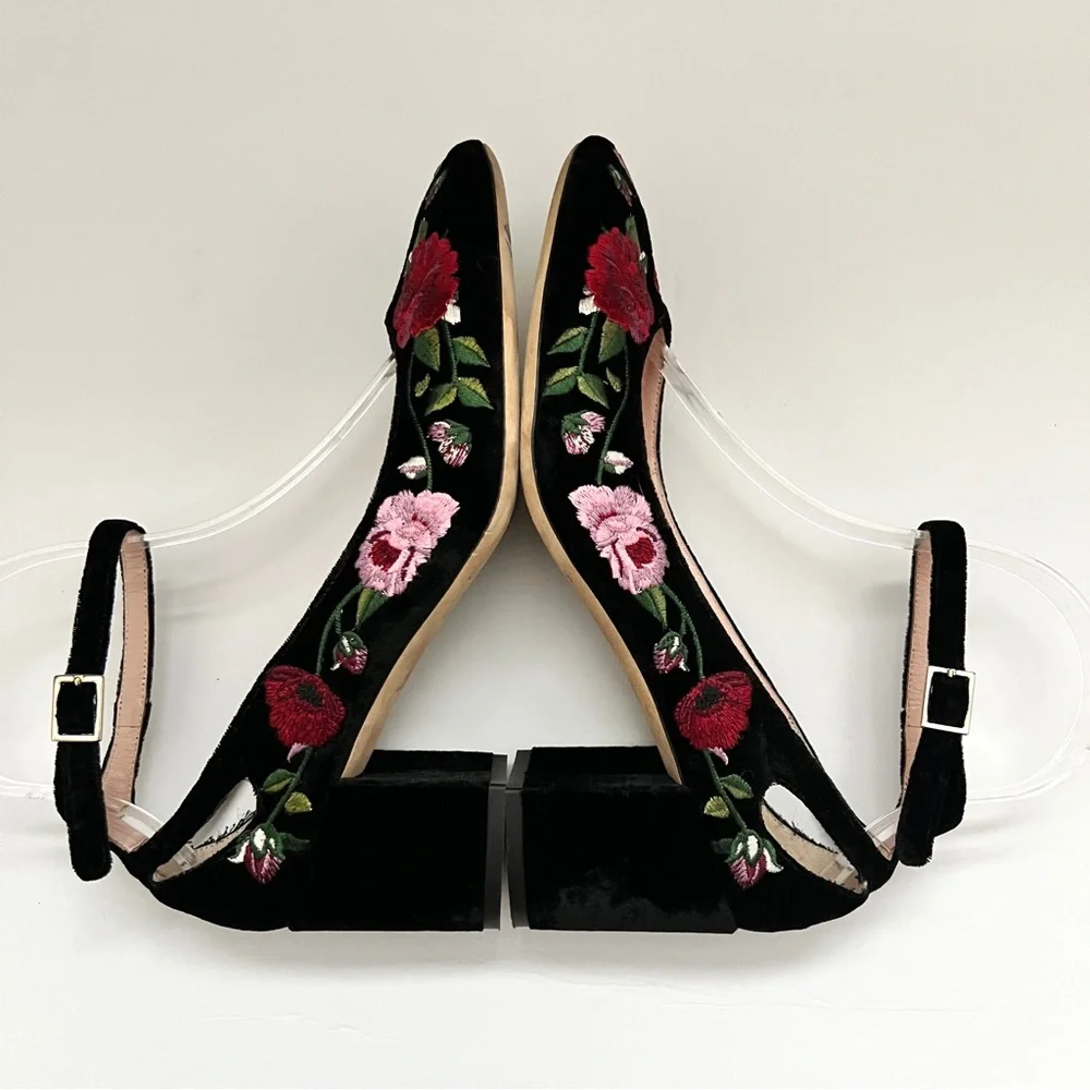 Kate Spade Black Velvet Floral Embroidered Block Heel Ankle-Strap Pumps 9 - Picture 3 of 8